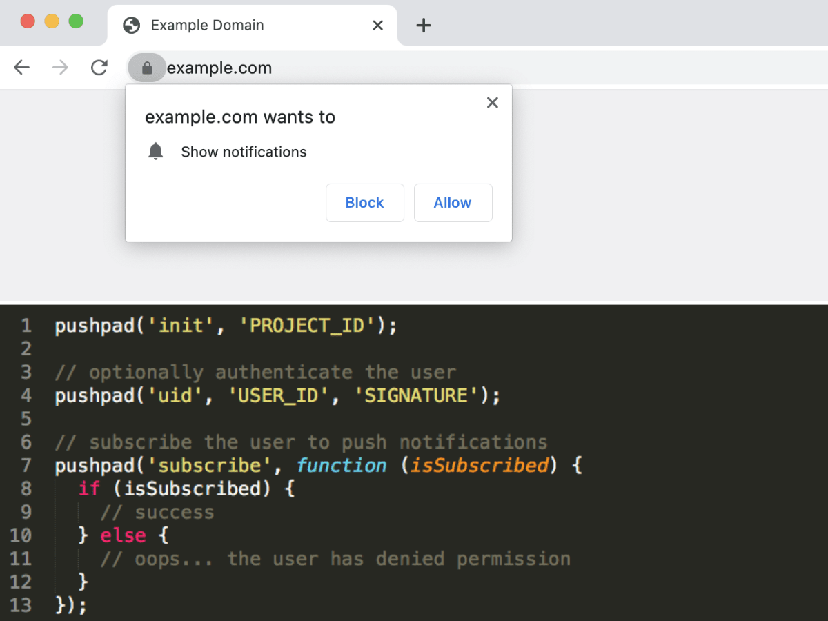 Browser permission prompt for notifications triggered by Javascript code
