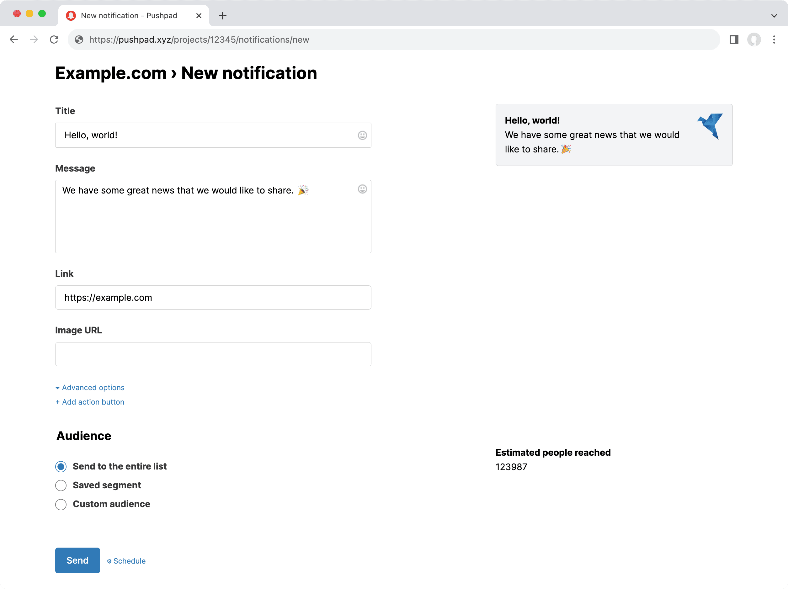 Sending a web push notification from the Pushpad dashboard