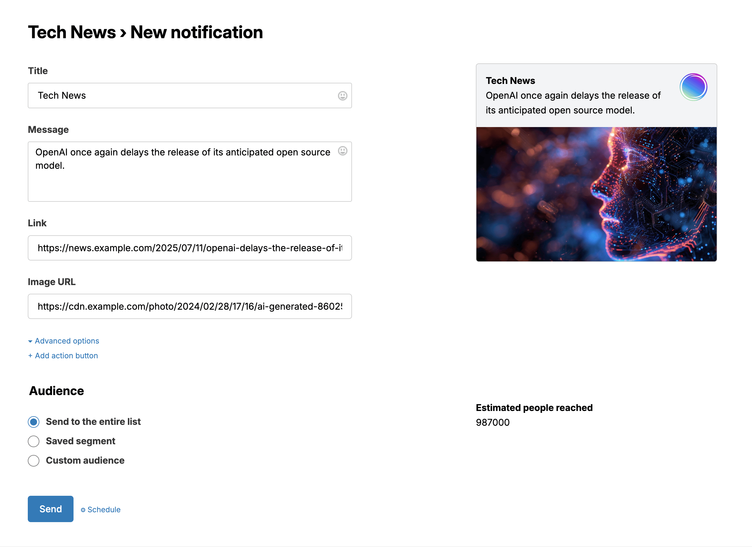 Sending a web push notification from the Pushpad dashboard