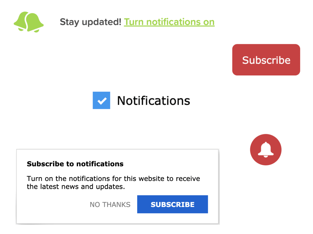 Different ways for subscribing the user to notifications (custom permission prompt, bell, button, checkbox and more)