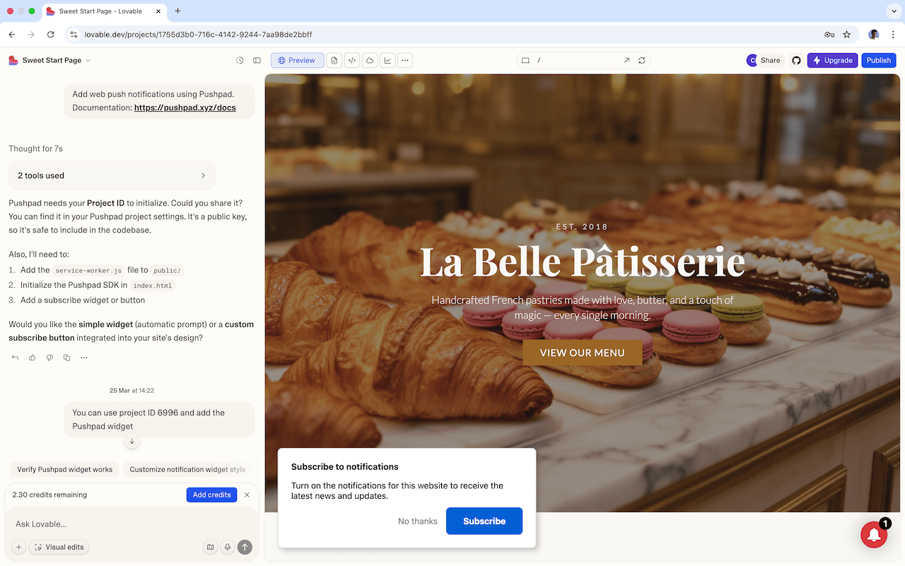 Screenshot: Add Web Push Notifications to Lovable