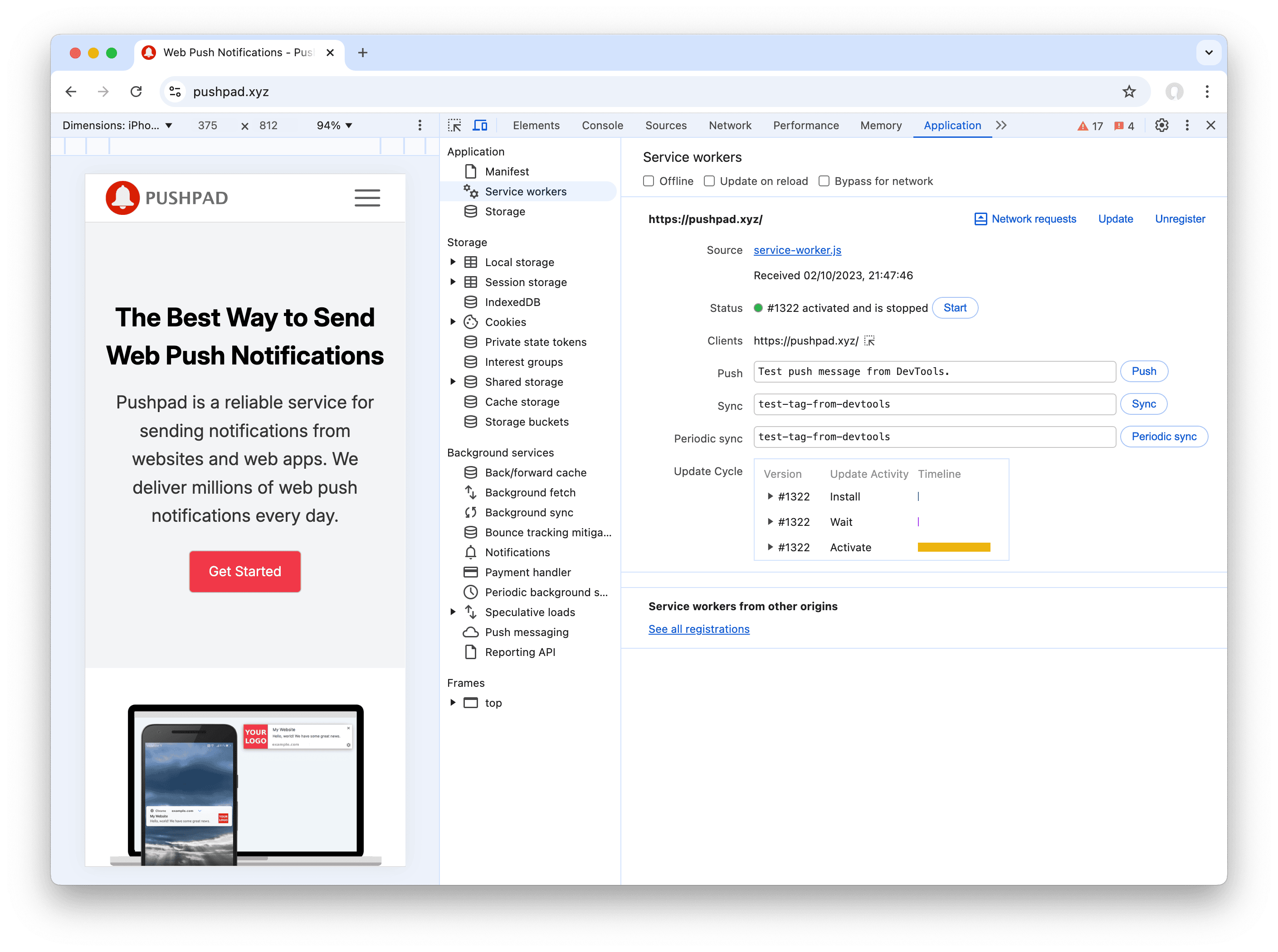 Chrome Developer Tools: Service workers