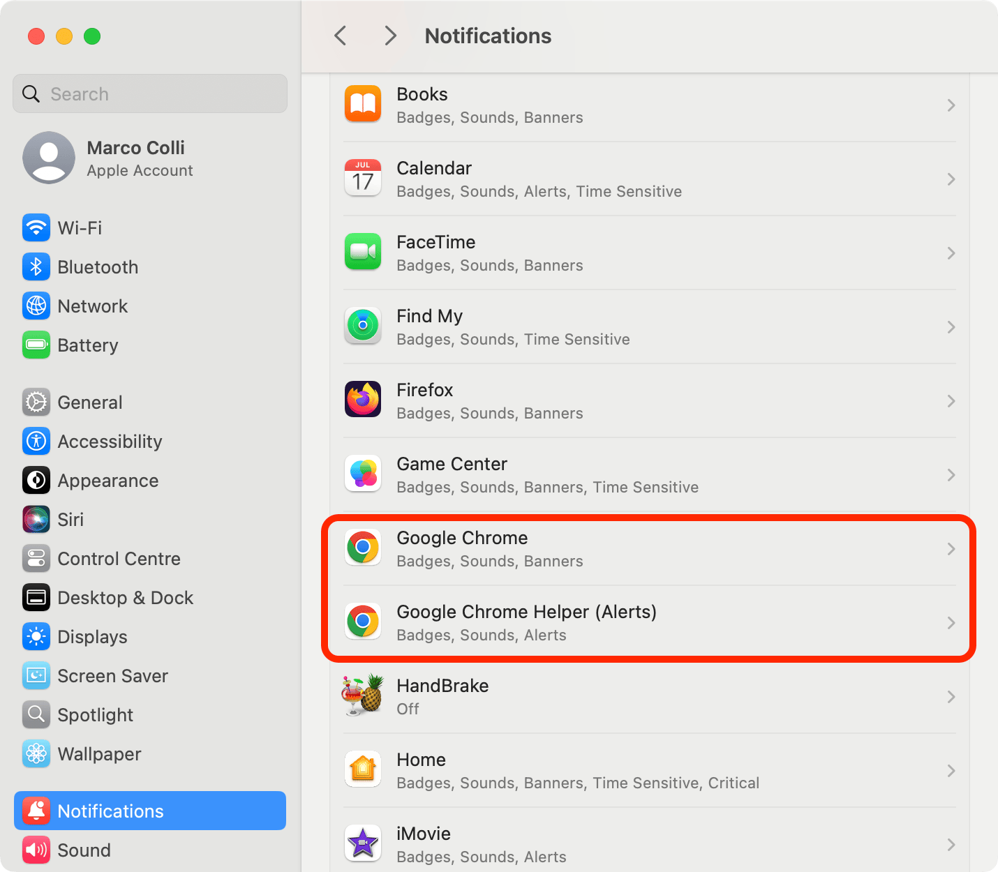 Google Chrome Helper Alerts settings