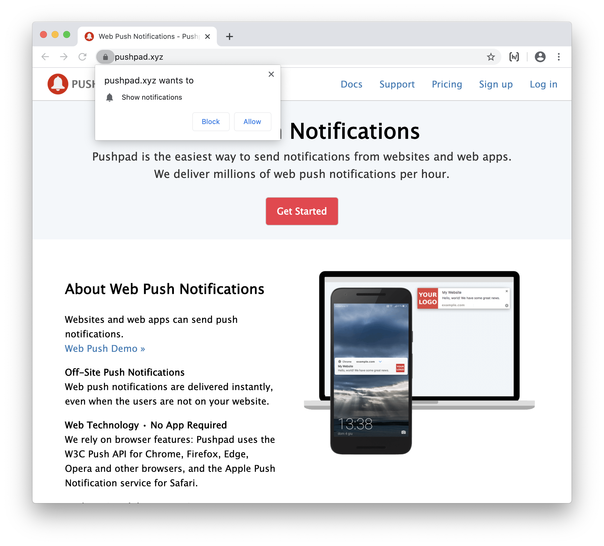 Browser prompt for web push notifications